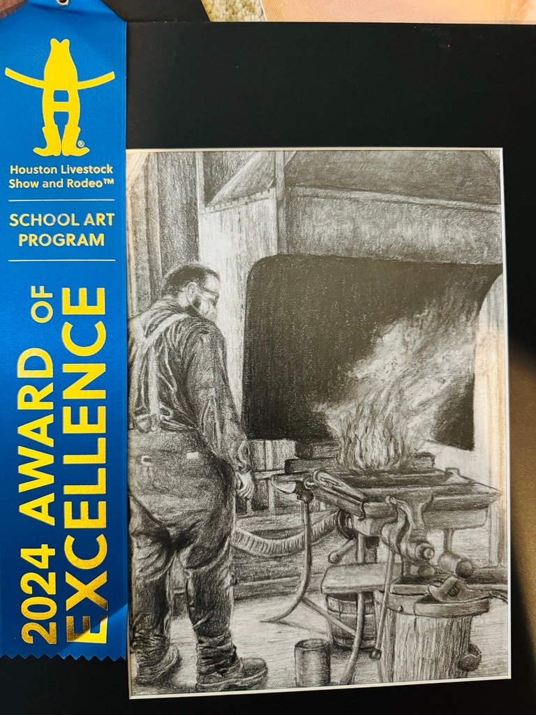 Drawing of a blacksmith at a forge with a 2024 Houston Livestock Show and Rodeo School Art Program Award of Excellence ribbon