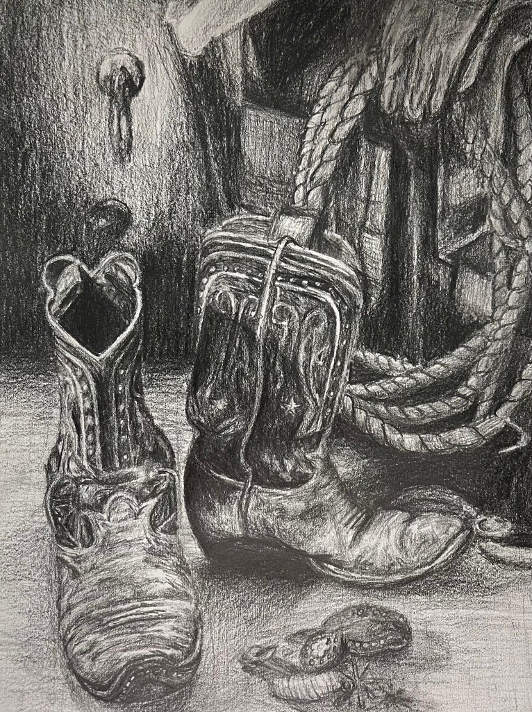 Drawing of two cowboy boots with a rope and belt buckle