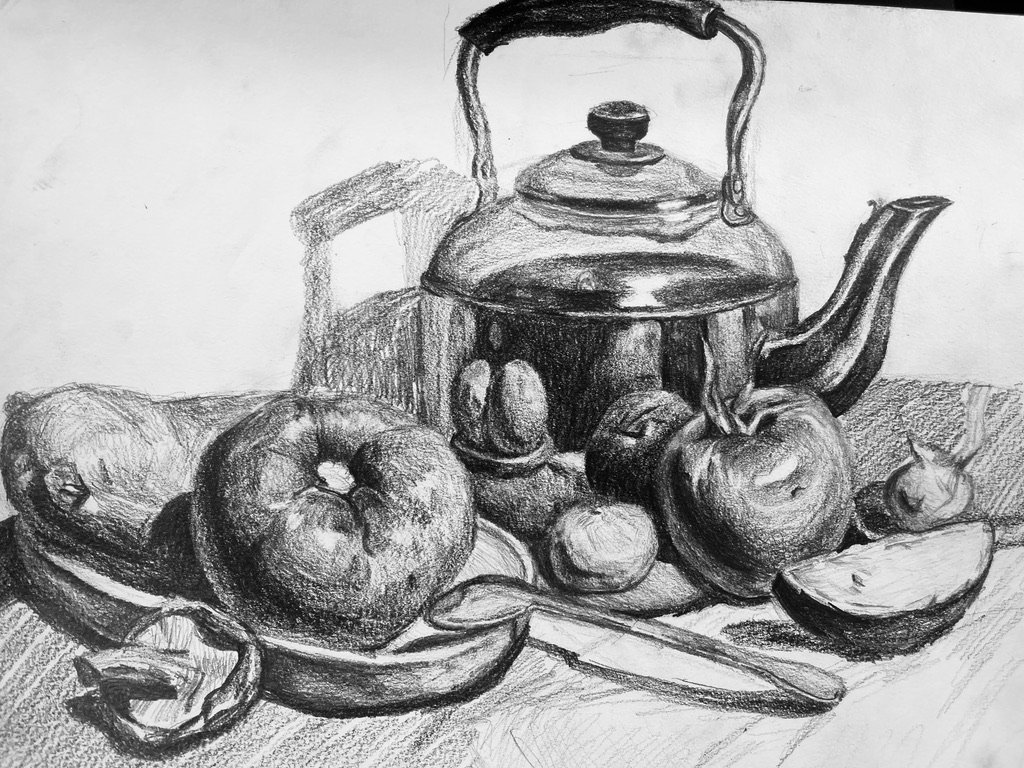 Pencil still life of a reflective kettle, fruit and a knife
