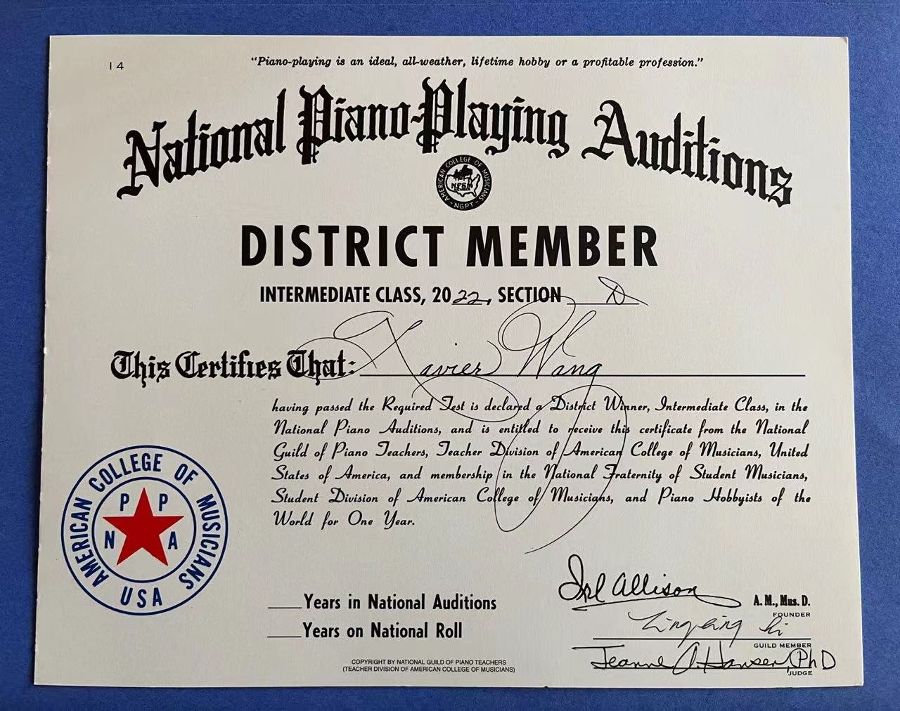 Xavier Wang’s 2022 District Member certificate, Intermediate Class, National Piano-Playing Auditions