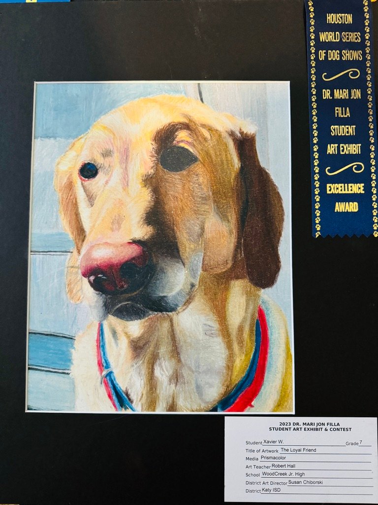 The Loyal Friend, a Prismacolor dog portrait with a 2023 Excellence Award ribbon from the Houston World Series of Dog Shows, Dr. Mari Jon Filla Student Art Exhibit
