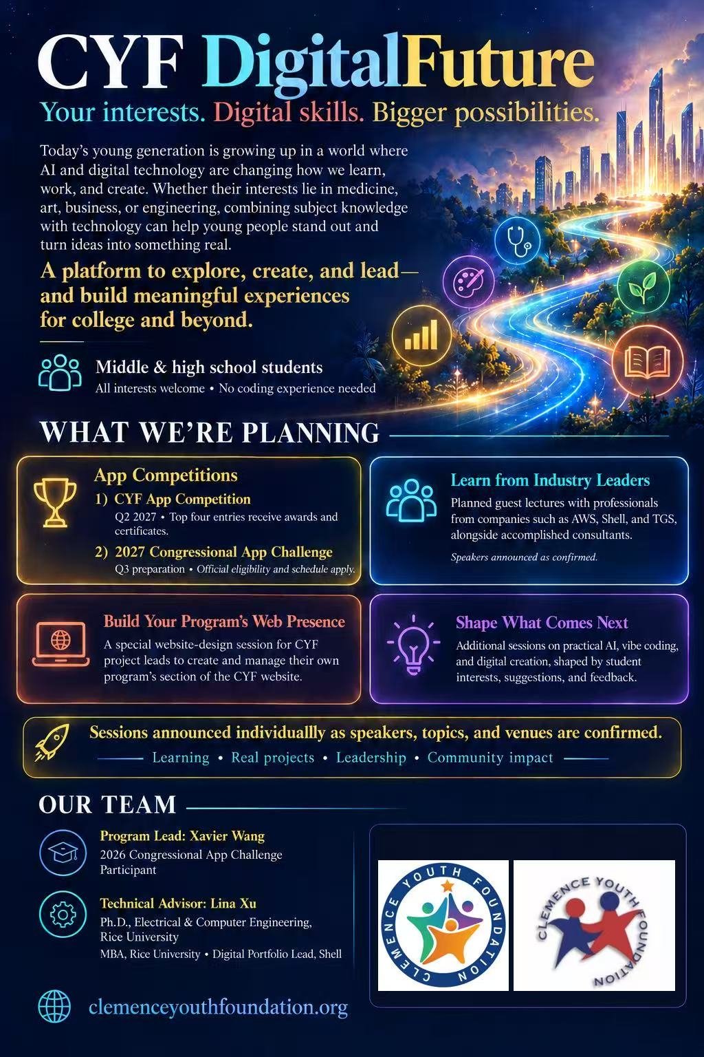 CYF DigitalFuture program flyer listing planned competitions, industry talks and digital workshops, with Xavier Wang as Program Lead