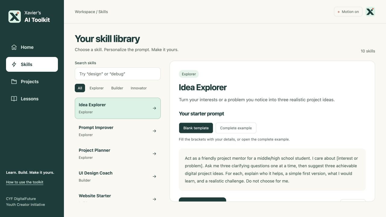 AI Toolkit skills browser showing experience filters and an Idea Explorer prompt