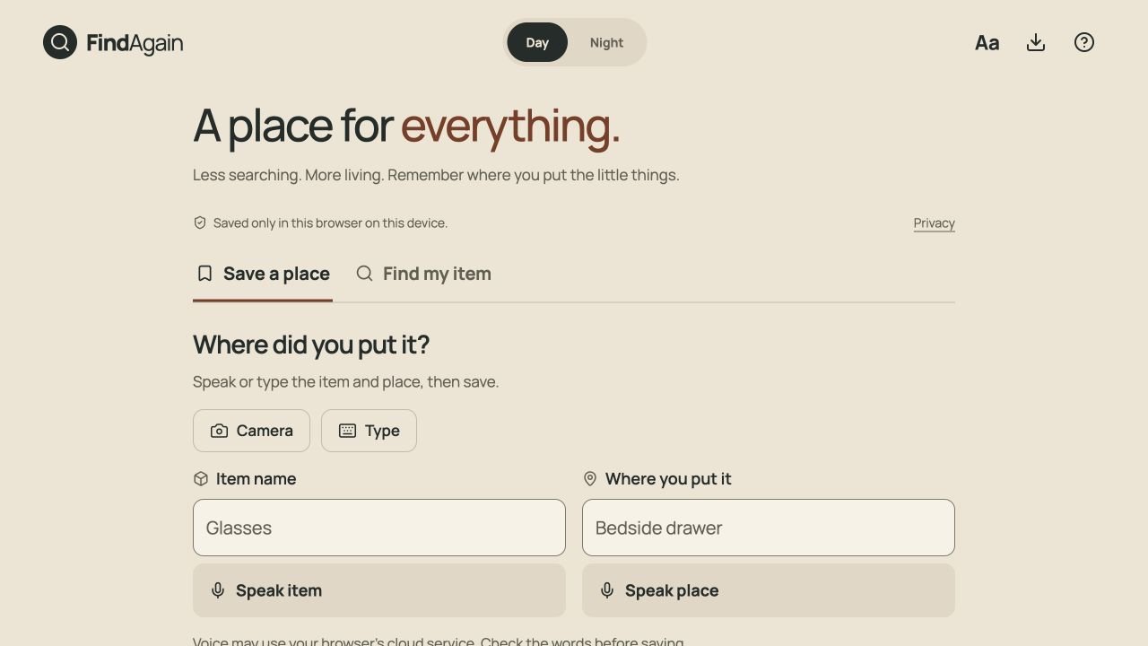 FindAgain home screen with Save a place and Find my item controls
