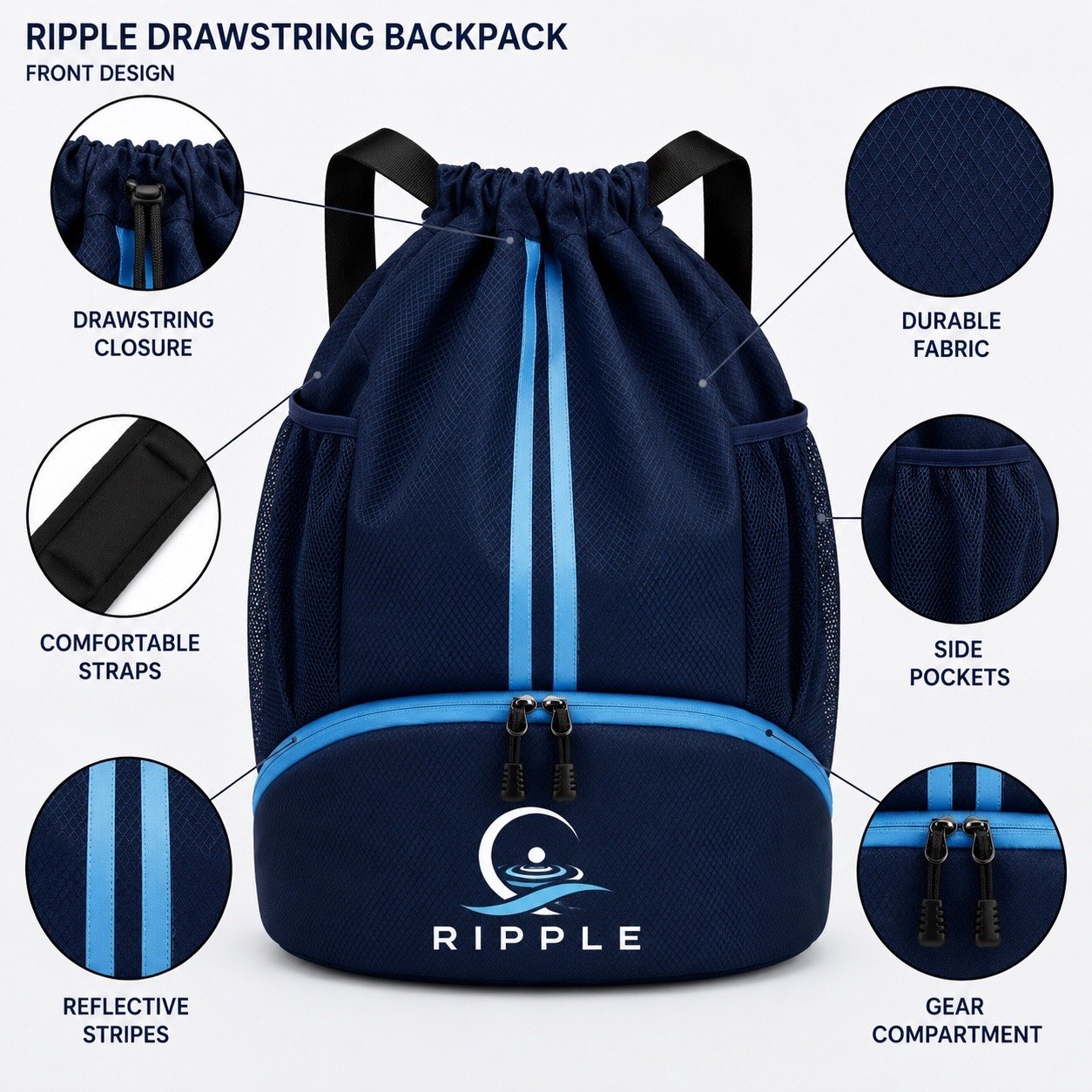 Ripple drawstring backpack design with straps, side pockets, and gear compartment