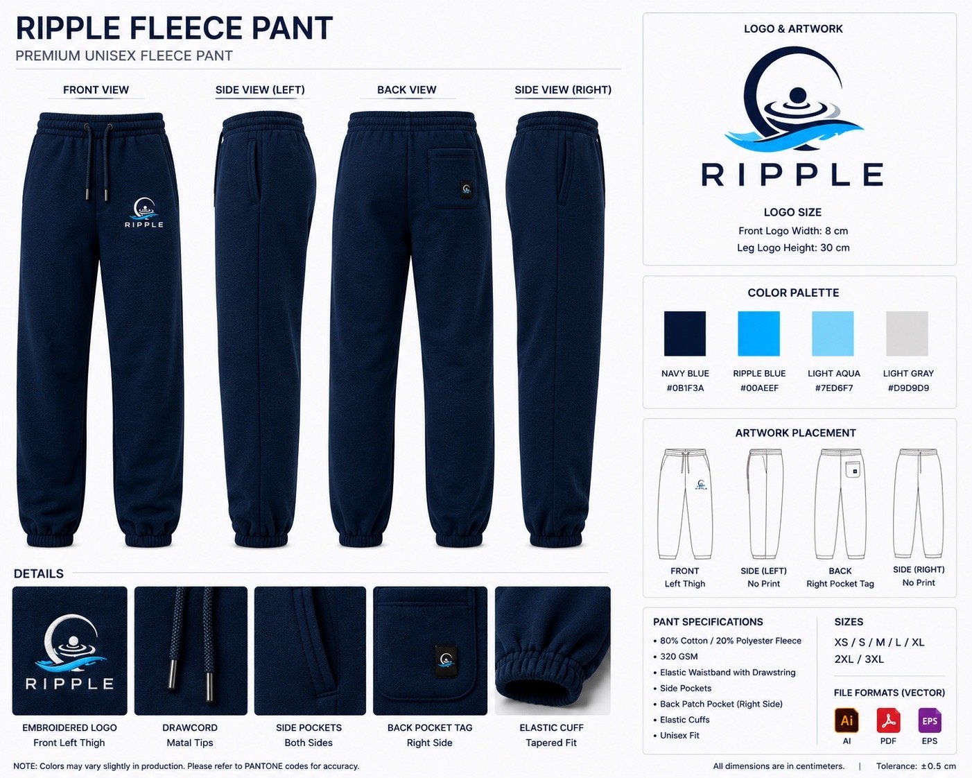 Ripple fleece pants design with front, side, and back views