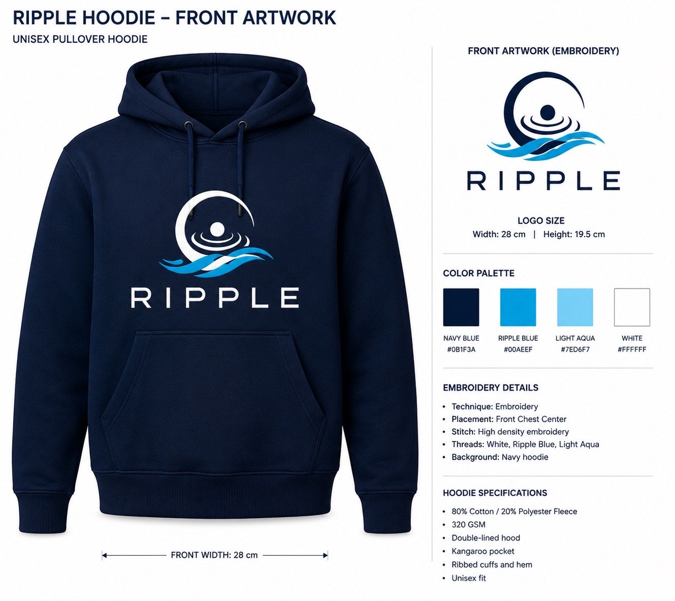 Navy Ripple pullover hoodie design with embroidered logo